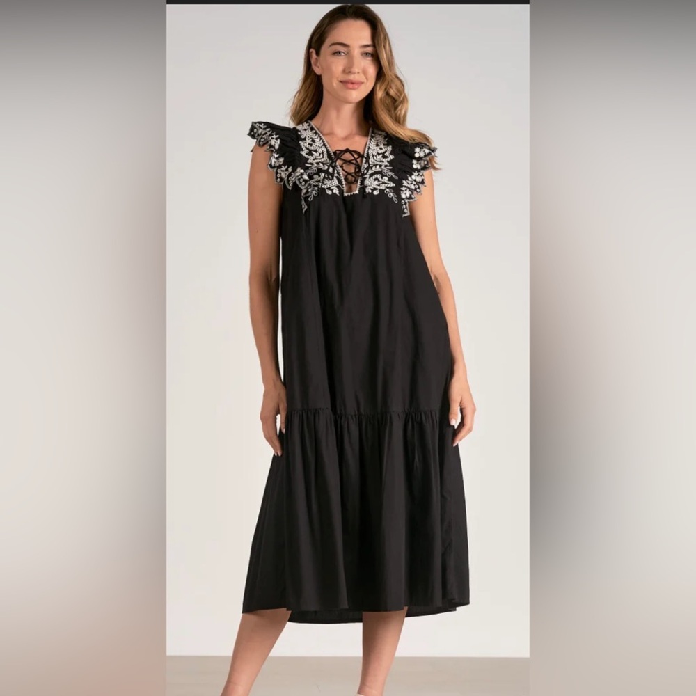 ELAN Women’s Black Embroidered Flutter Sleeve 100% cotton Dress - Size Large